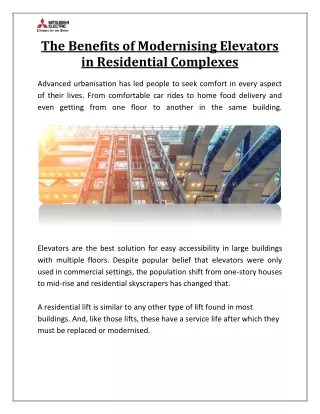 The Benefits of Modernising Elevators in Residential Complexes
