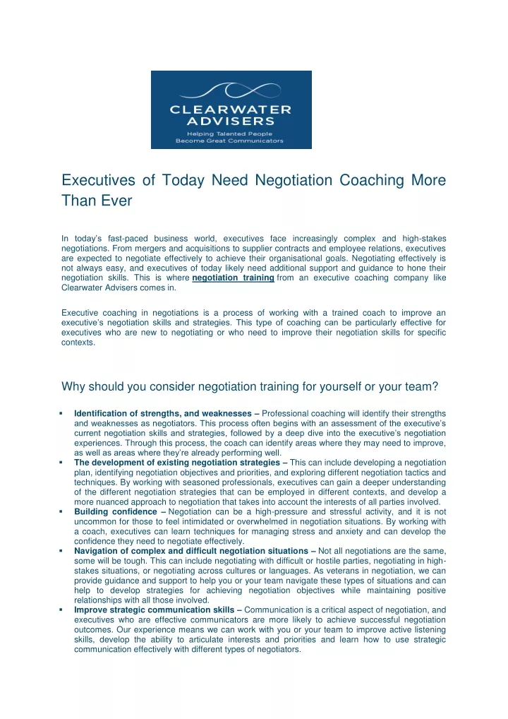 executives of today need negotiation coaching
