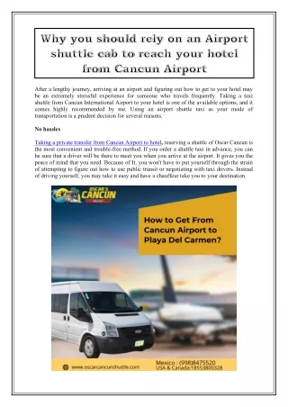 Why you should rely on an Airport shuttle cab to reach your hotel from Cancun Airport