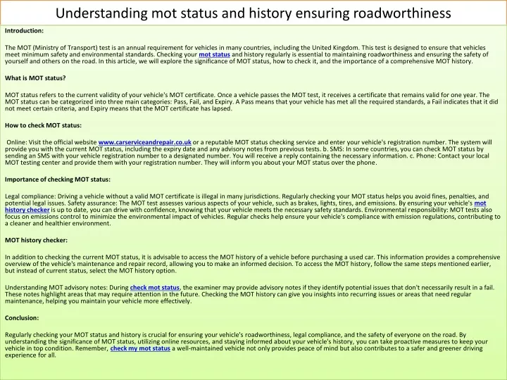 understanding mot status and history ensuring roadworthiness