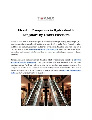 Elevator Companies in Hyderabad & Bangalore by Teknix Elevators