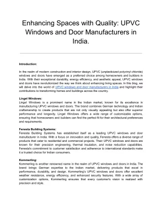 Enhancing Spaces with Quality_ UPVC Windows and Door Manufacturers in India.