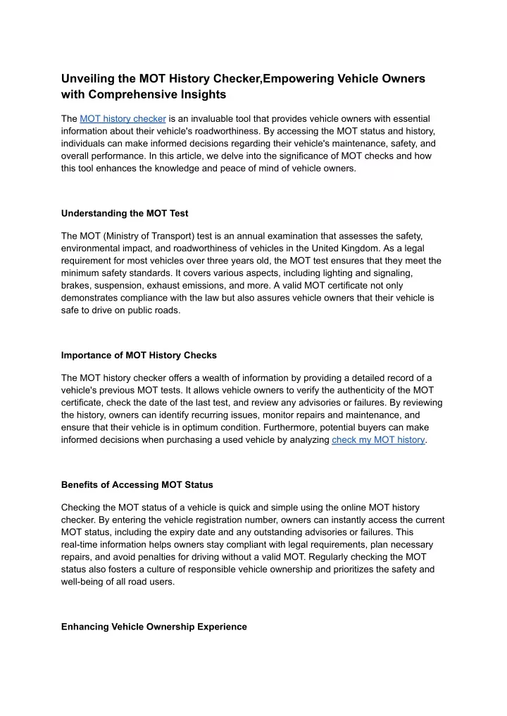 unveiling the mot history checker empowering