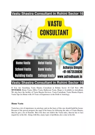 Vastu Shastra Consultant in Rohini Sector 16  91-9873530830