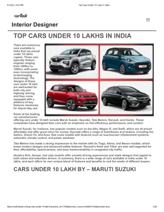 Top Cars Under 10 Lakh in India