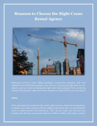 Reasons to Choose the Right Crane Rental Agency