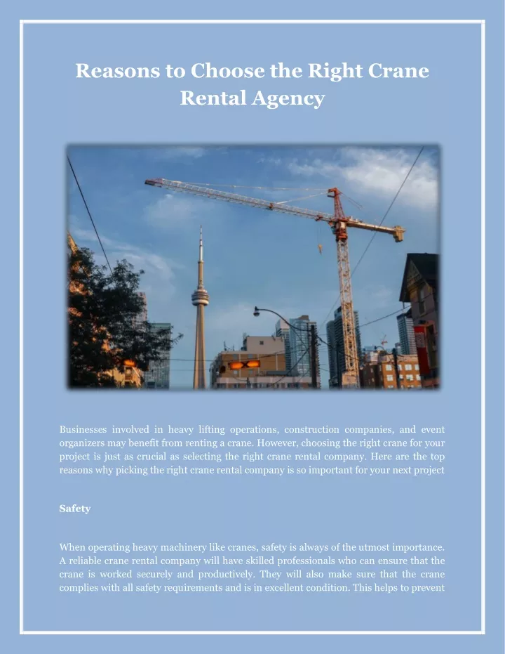 reasons to choose the right crane rental agency