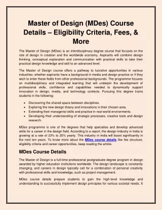 Master of Design (MDes) Course Details – Eligibility Criteria, Fees, & More