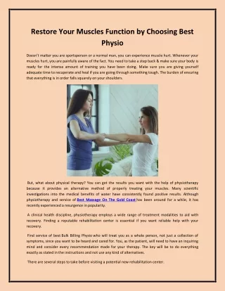 Restore Your Muscles Function by Choosing Best Physio