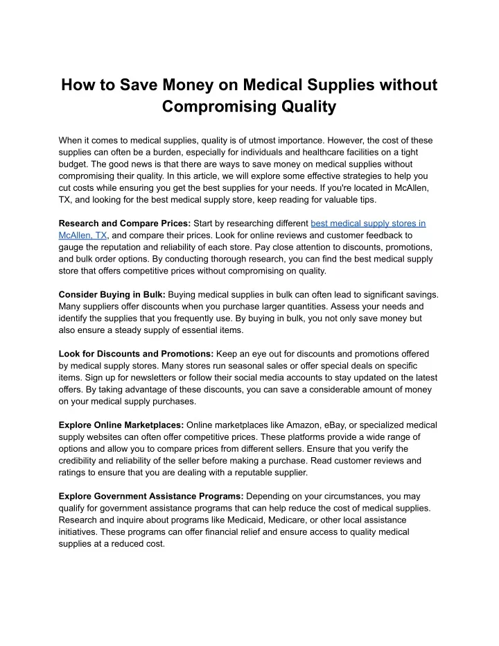 how to save money on medical supplies without
