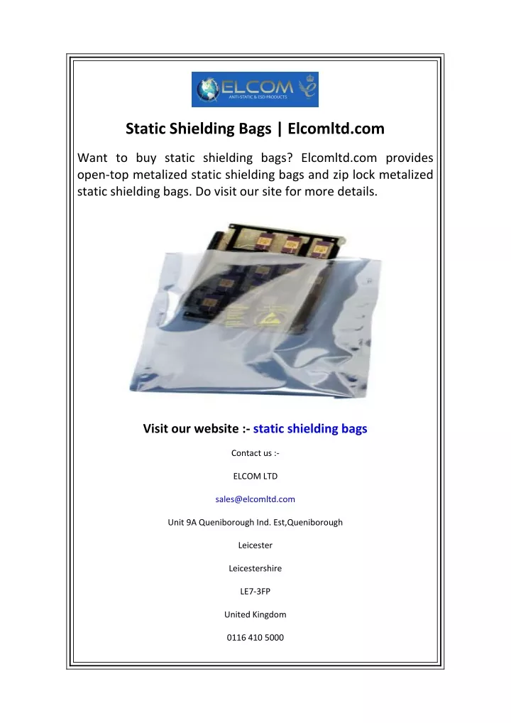 static shielding bags elcomltd com