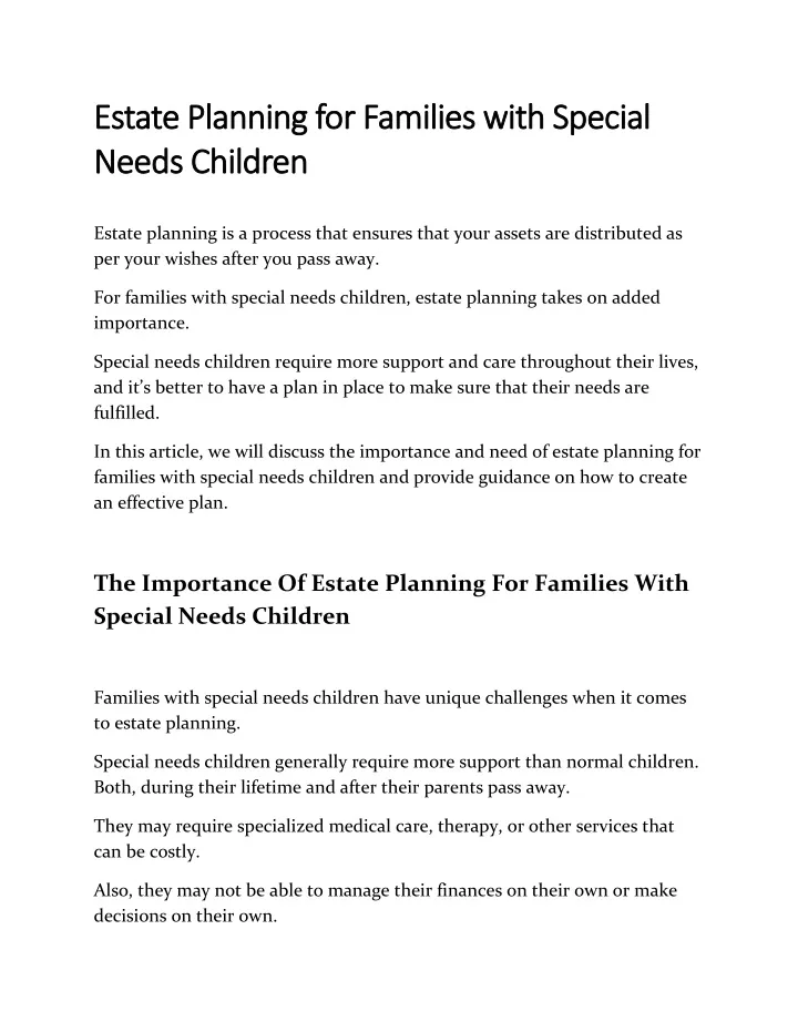 estate planning for families with special estate