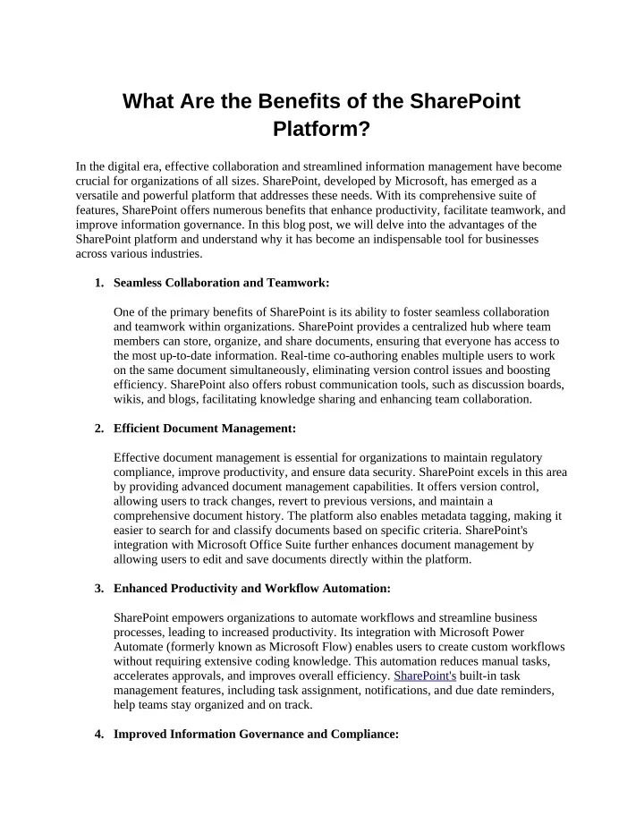 what are the benefits of the sharepoint platform