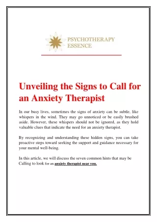 Unveiling the Signs to Call for an Anxiety Therapist