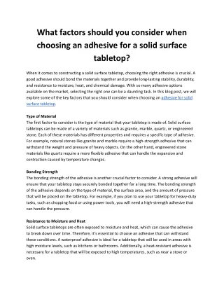 What factors should you consider when choosing an adhesive for a solid surface tabletop_