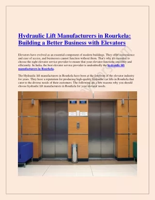 Hydraulic Lift Manufacturers in Rourkela Building a Better Business with Elevators