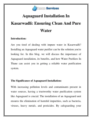 Aquaguard Installation in Kasarwadli Call-7290092205