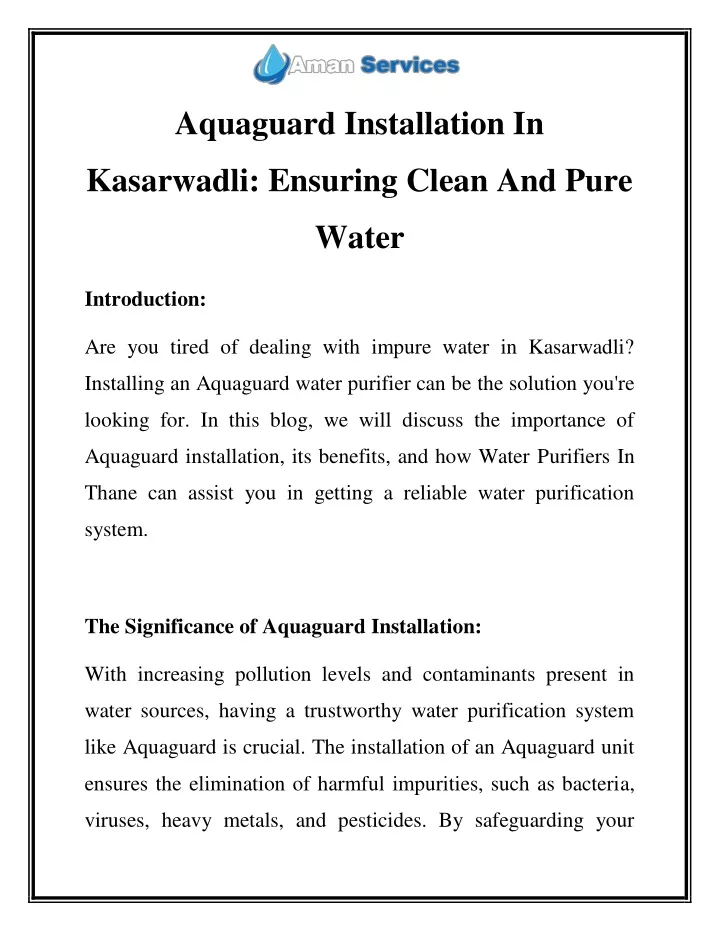 aquaguard installation in