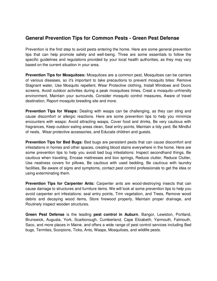 general prevention tips for common pests green