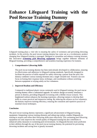 Enhance Lifeguard Training with the Pool Rescue Training Dummy