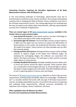 Unleashing Precision Exploring the Boundless Applications of 3D Body Measurement Scanners with 3D Measure Up