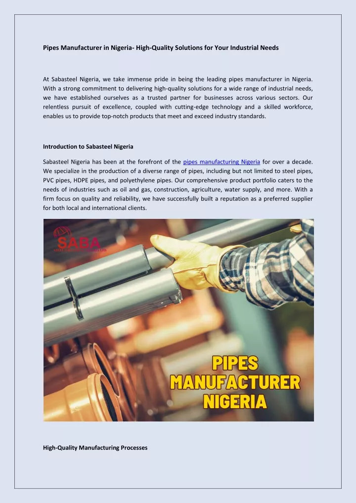pipes manufacturer in nigeria high quality