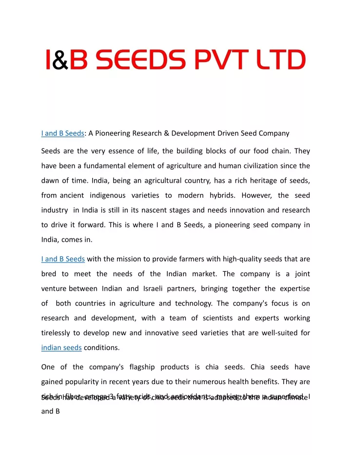 i and b seeds a pioneering research development