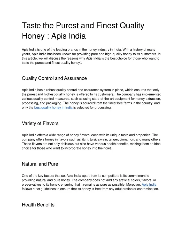 taste the purest and finest quality honey apis india