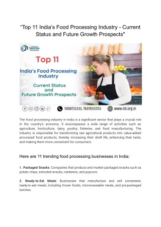 “Top 11 India’s Food Processing Industry - Current Status and Future Growth Prospects_