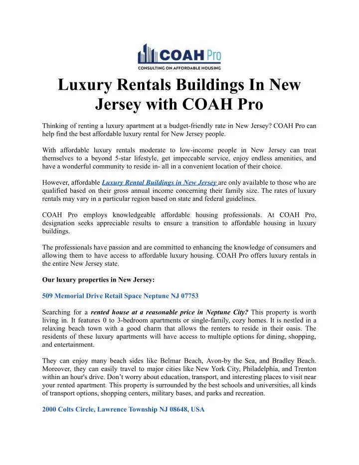 luxury rentals buildings in new jersey with coah