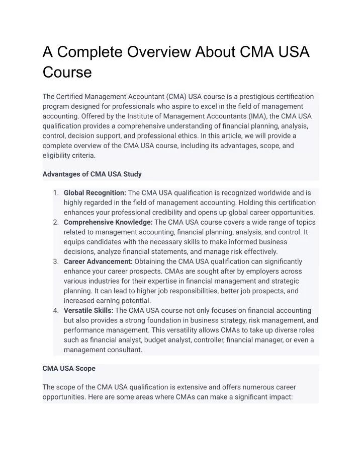 a complete overview about cma usa course