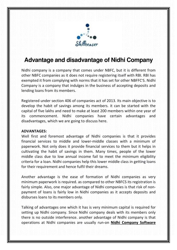 advantage and disadvantage of nidhi company