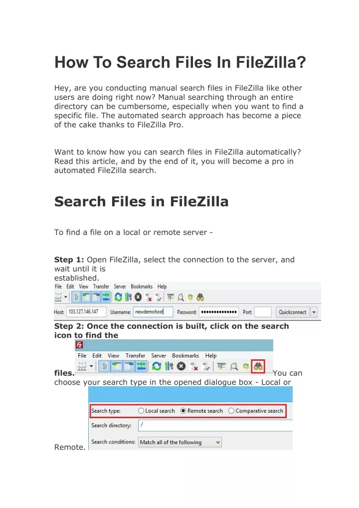 how to search files in filezilla