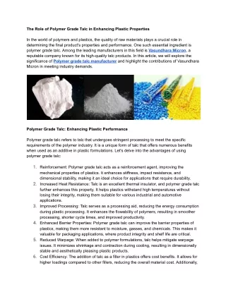 The Role of Polymer Grade Talc in Enhancing Plastic Properties