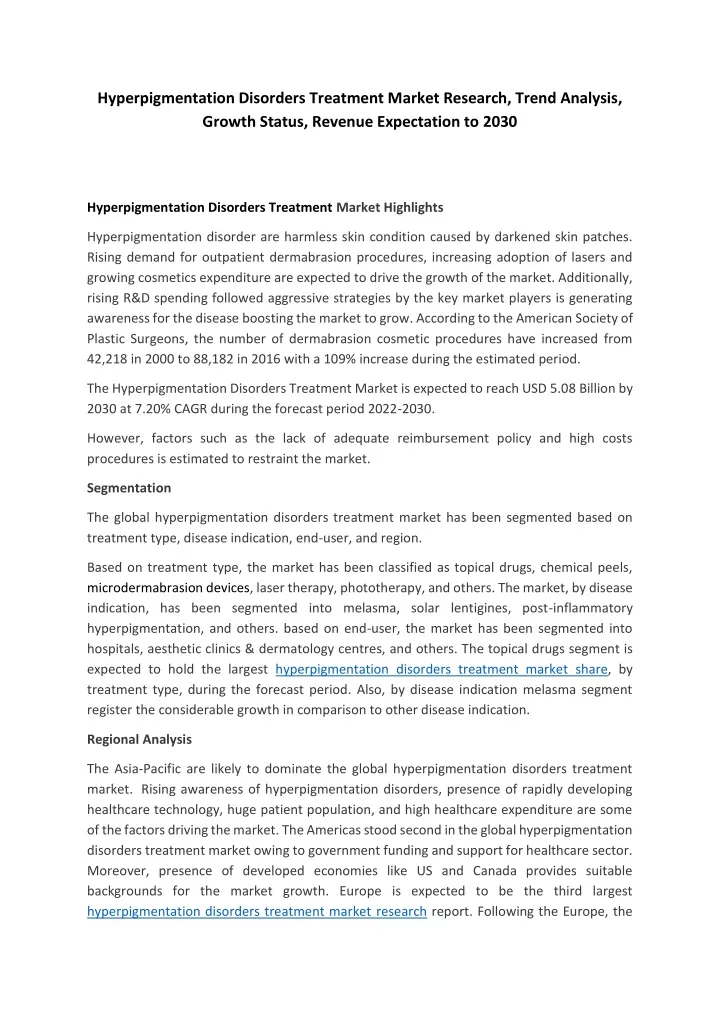 hyperpigmentation disorders treatment market