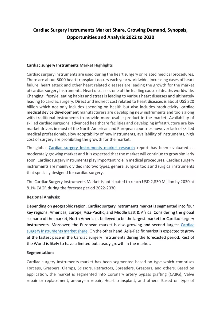 cardiac surgery instruments market share growing