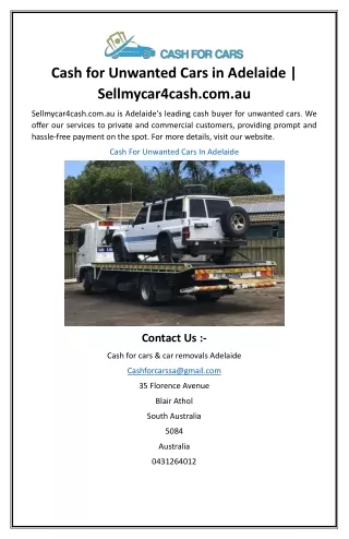Cash for Unwanted Cars in Adelaide | Sellmycar4cash.com.au