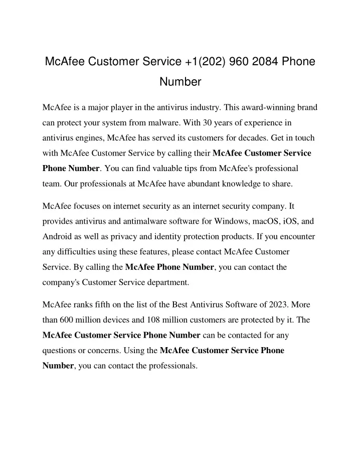 mcafee customer service 1 202 960 2084 phone