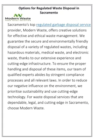 Options for Regulated Waste Disposal in Sacramento