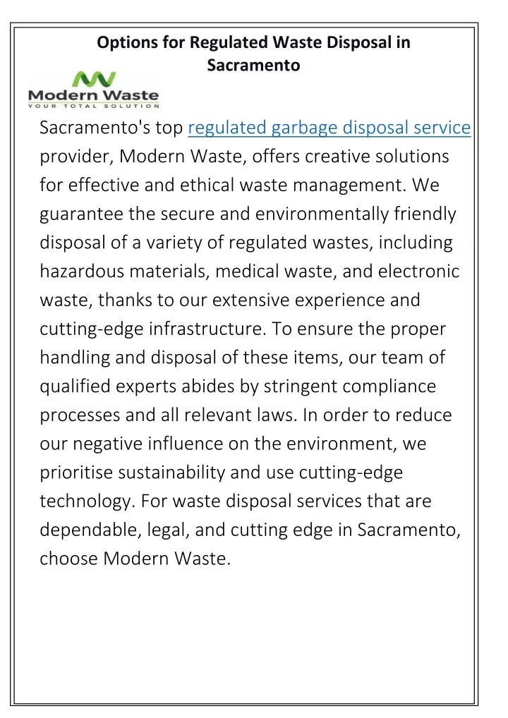 options for regulated waste disposal in sacramento