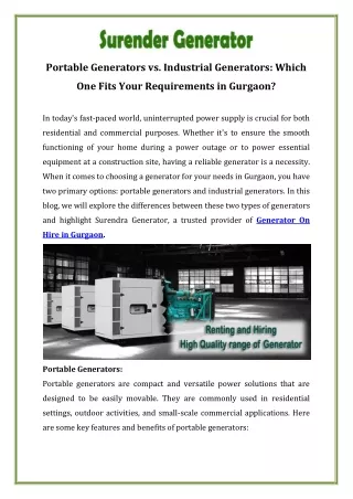 Portable Generators vs. Industrial Generators Which One Fits Your Requirements in Gurgaon