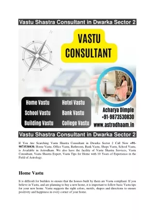 Vastu Shastra Consultant in Dwarka Sector 2  91-9873530830