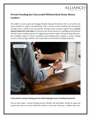Private Funding Isn’t Successful Without Real Estate Money Lenders