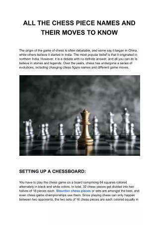 ALL THE CHESS PIECE NAMES AND THEIR MOVES TO KNOW