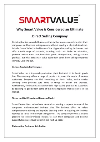 Why Smart Value is Considered an Ultimate Direct Selling Company