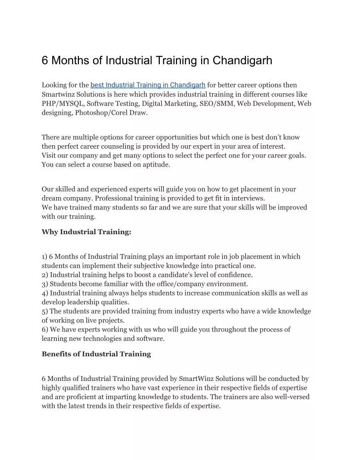 6 months of industrial training in chandigarh