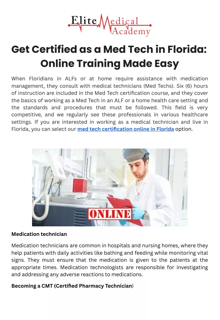 get certified as a med tech in florida online