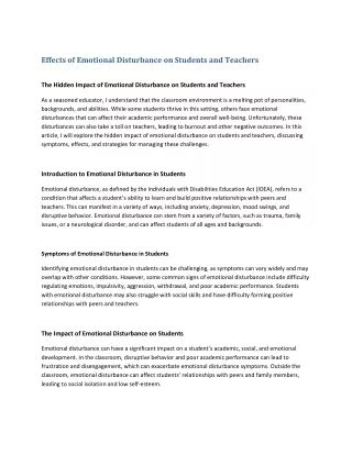 Effects of Emotional Disturbance on Students and Teachers