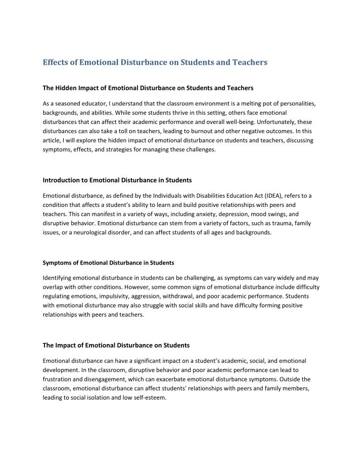 effects of emotional disturbance on students