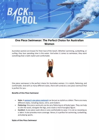 One Piece Swimwear The Perfect Choice for Australian Women